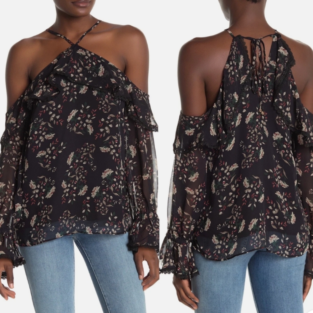 🔖NWT Heartloom Nolita Nightbloom Cold Shoulder Floral Black Blouse - Large